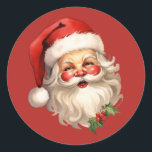Holly Jolly Jultomten Retro Stil jul Runt Klistermärke<br><div class="desc">Juldekaler med en glatt illustration av en vintage stil Jultomten med röda rosyskon och med sin klassiska rödtomhatt och sin stora vita björn. En snårskog bidrar till den festliga helgdag i denna utformning.</div>