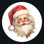 Holly Jolly Jultomten Retro Stil jul Runt Klistermärke<br><div class="desc">Juldekaler med en glatt illustration av en vintage stil Jultomten med röda rosyskon och med sin klassiska rödtomhatt och sin stora vita björn. En snårskog bidrar till den festliga helgdag i denna utformning.</div>