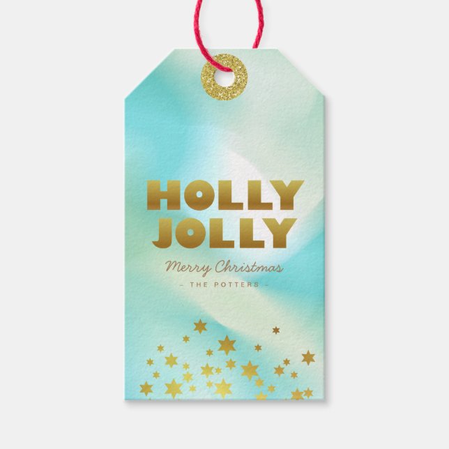Holly Jolly | Klistra in Grönt övertoning & Guld Presentetikett (Framsidan)