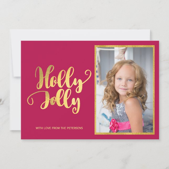 Holly Jolly magenta guld calligraphy-skript foto Julkort (Framsida)