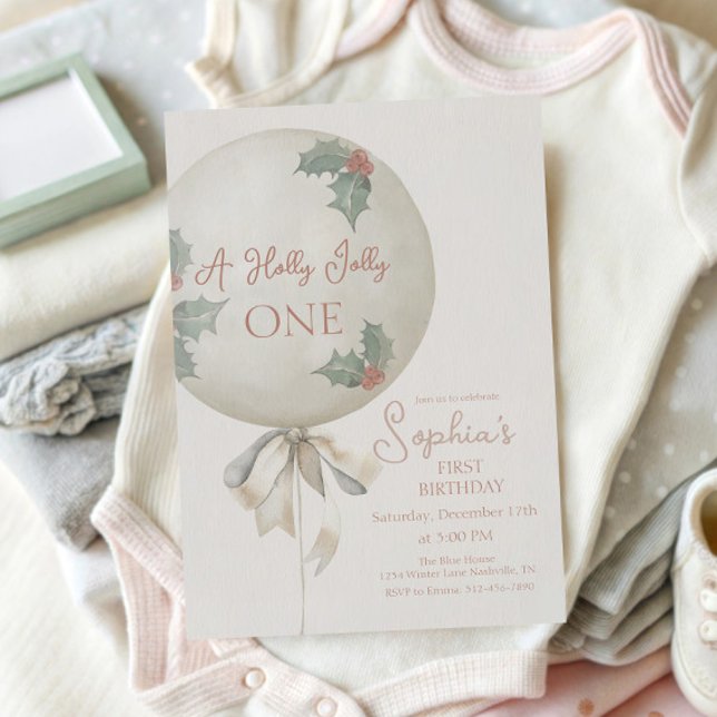 Holly Jolly ONE Christmas Vintage Balloon Birthday Inbjudningar (Skapare uppladdad)