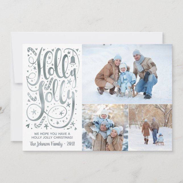 Holly Jolly Photo jul Card, Faux Silver Foil Julkort (Framsida)