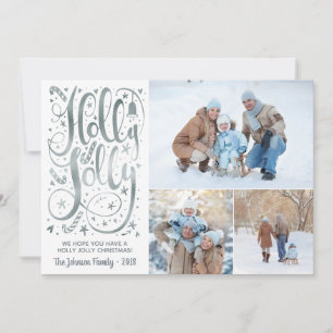 Holly Jolly Photo jul Card, Faux Silver Foil Julkort
