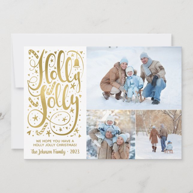 Holly Jolly Photo-julkort, Faux Gold Foil Julkort (Framsida)