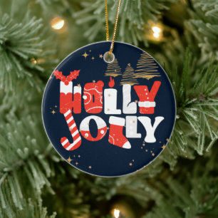 Holly Jolly Red White Guld Jul Winter Julgransprydnad Keramik