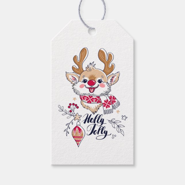 Holly Jolly Reindeer Juletiketters Presentetikett (Framsidan)