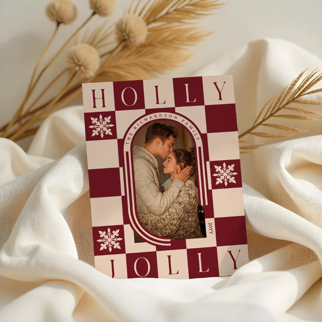 Holly Jolly Retro Checker julfotfoto Julkort (Holly Jolly Retro Checker Christmas Arch Photo Holiday Card)