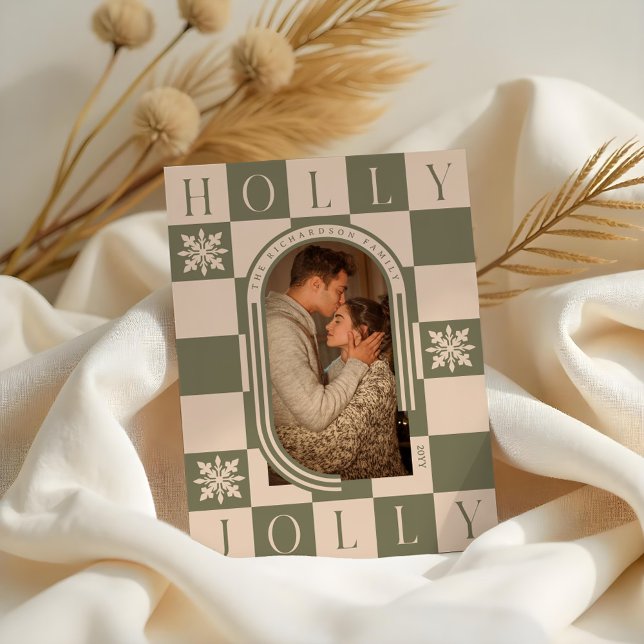 Holly Jolly Retro Checker julfotfoto Julkort (Holly Jolly Retro Checker Christmas Arch Photo Holiday Card)