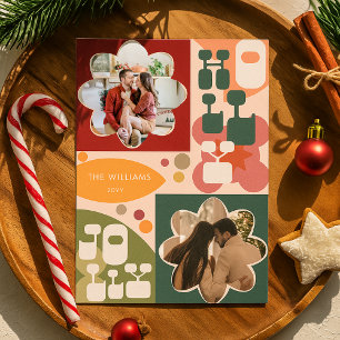 Holly Jolly Retro Geometric Blommigt Photo Julkort