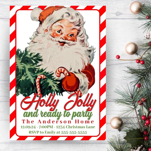 Holly Jolly Retro Vintage Santa Anpassningsbar jul Inbjudningar (Holly Jolly Retro Vintage Santa Custom Christmas Invitation)