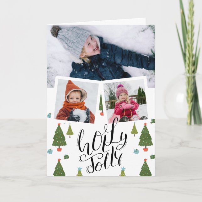 Holly Jolly Roligt skript jul Gräs Träd Photo Helgkort (Framsida)
