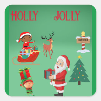 HOLLY JOLLY SANTA AND ELVES CHRISTMAS FYRKANTIGT KLISTERMÄRKE