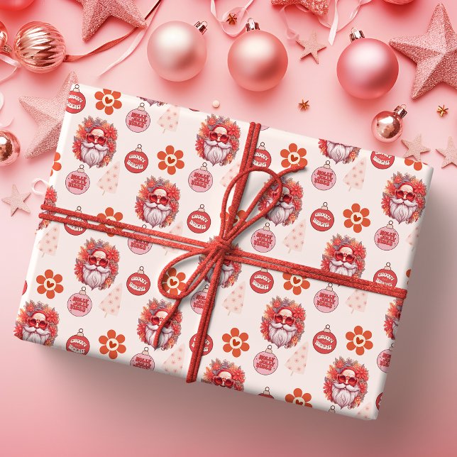 Holly Jolly Santa Vibes Pink Retro Holiday Presentpapper (Skapare uppladdad)
