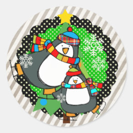 Holly Jolly Skating Penguins Round Sticker Runt Klistermärke