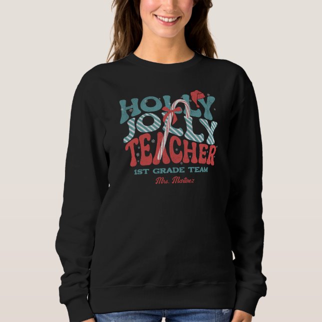 Holly Jolly Teacher Christmas Retro T Shirt (Framsida)