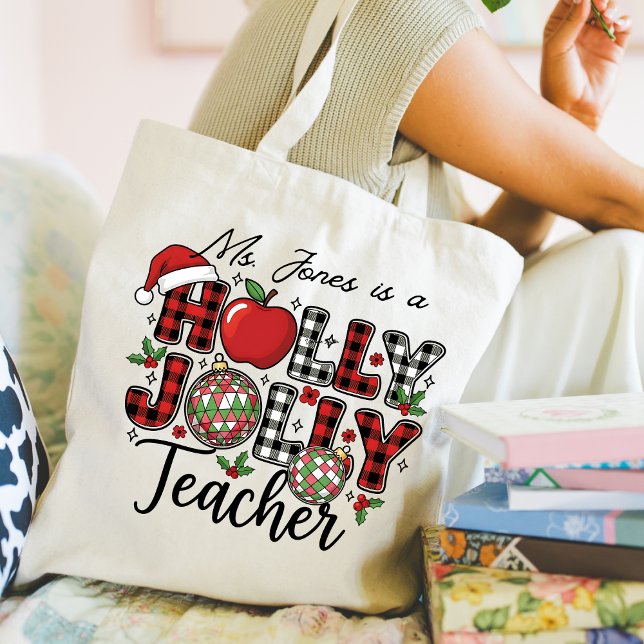 Holly Jolly Teacher Tote Bag Tygkasse (Personalize this cute Christmas Holly Jolly Teacher tote bag. )