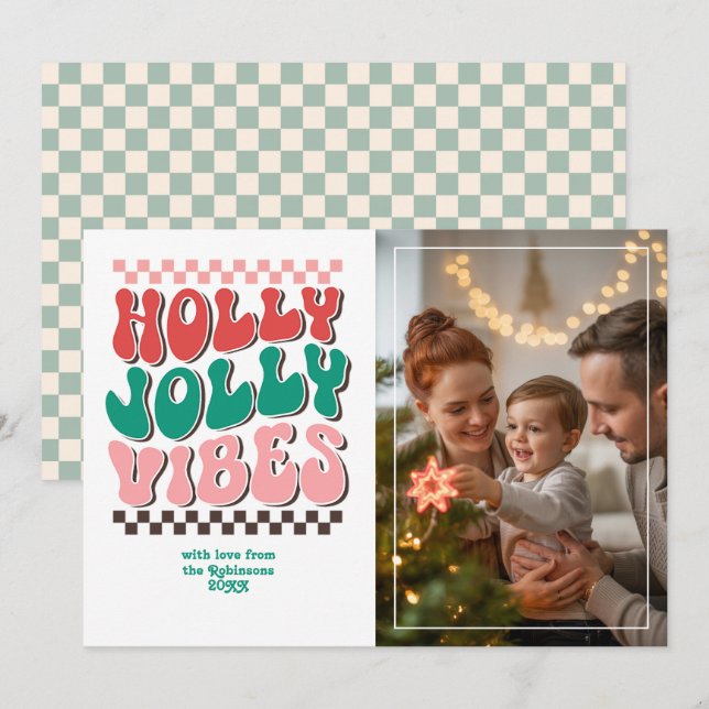 "Holly Jolly Vibes" Retro Jul Foto Julkort (Fram/baksida)