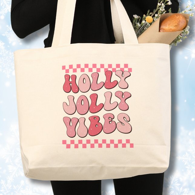 Holly Jolly vibes, Retro-julens Långärmad Jumbo Tygkasse (Christmas tote bag, Holly Jolly vibes Retro tote,Pink text)