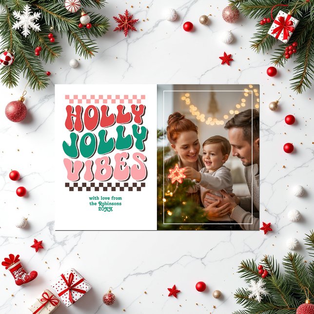"Holly Jolly Vibes" Retro-julfoto Julkort ("Holly Jolly Vibes" Retro Christmas Photo Holiday Card)