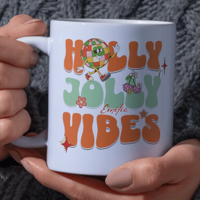 Holly Jolly Vibes Retro Orange jul Namn Mugg (Skapare uppladdad)