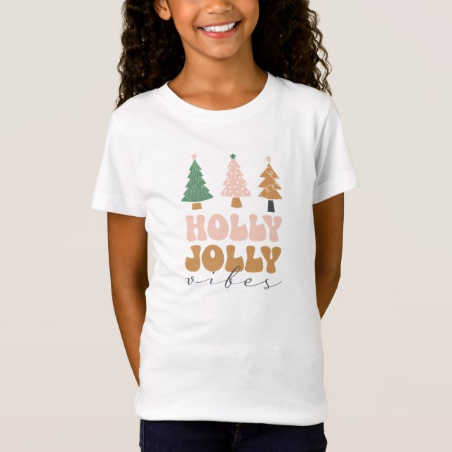 Holly Jolly Vibes Rosa & Grönt Julgranar T Shirt (Framsida)