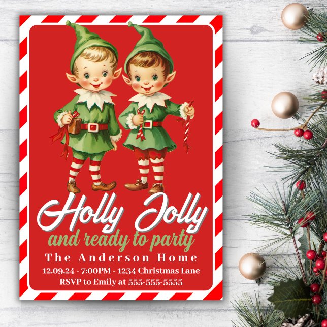 Holly Jolly Vintage jul Elves Julfest Inbjudningar (Holly Jolly Vintage Christmas Elves Holiday Party Invitation)