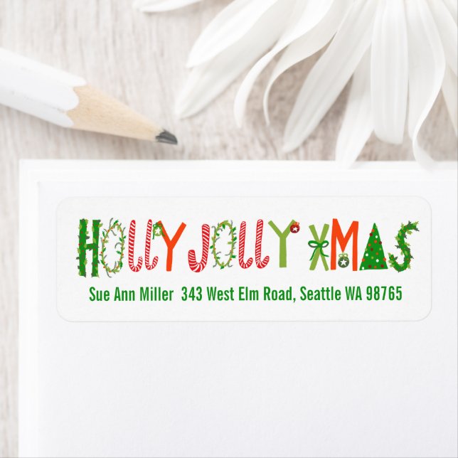 HOLLY JOLLY XMAS Holiday Christmas CUSTOM address Returadress Etikett (Insitu)