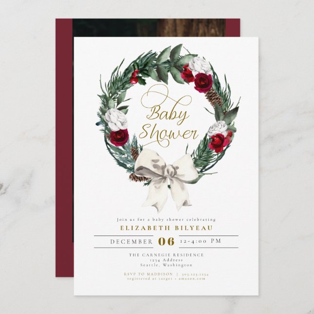HOLLY Jul Burgundy Blommigt Photo Baby Shower Inbjudningar (Fram/baksida)