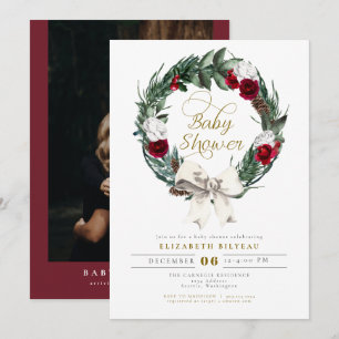 HOLLY Jul Burgundy Blommigt Photo Baby Shower Inbjudningar