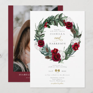 HOLLY Jul Burgundy Blommigt Photo Bröllop Inbjudningar
