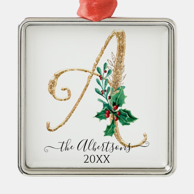 Holly jul-familjen Guld Monogram A Glitter Julgransprydnad Metall (Framsidan)