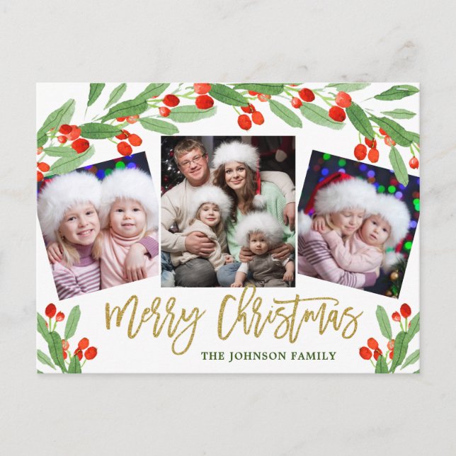 Holly Jul Helgdag 4 PHOTO Hälsning vykort (Framsida)