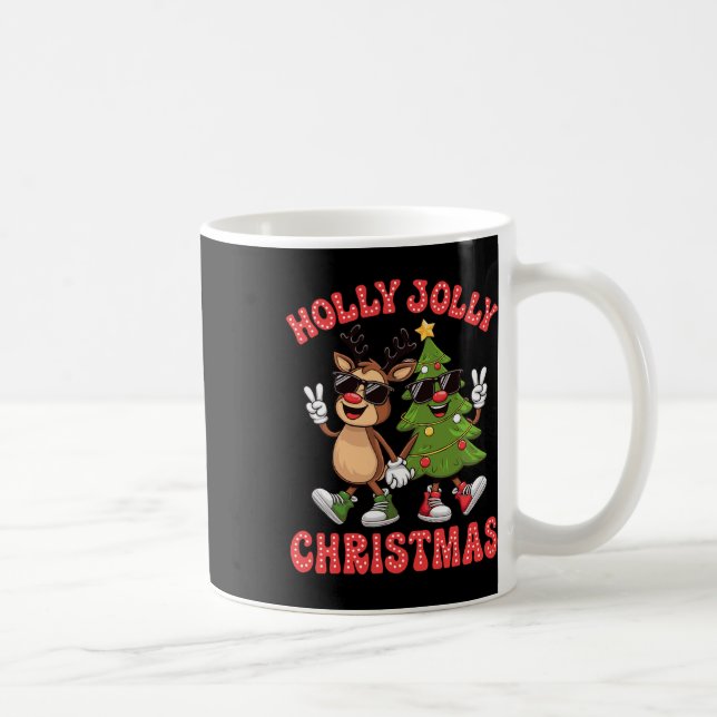 Holly Julafton Jolly Funny Julgran Cute Reindee Kaffemugg (Höger)