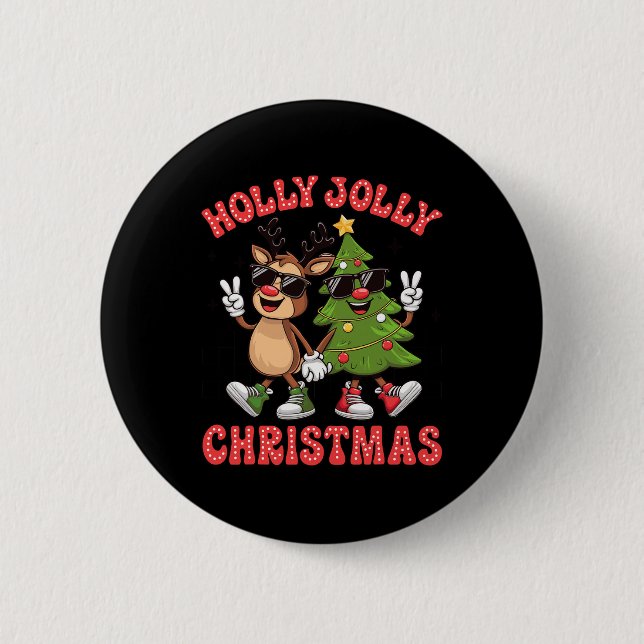 Holly Julafton Jolly Funny Julgran Cute Reindee Knapp (Framsida)