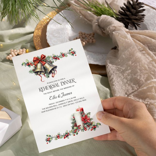 Holly Klockor Candle Winter Wedding Rehearsal Midd Inbjudningar (Wedding Rehearsal Dinner Invitation from the Holly Bells Wedding collection by Darling & May)