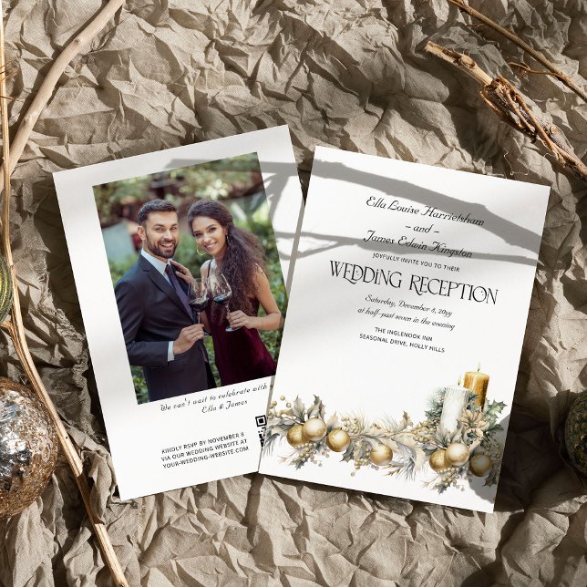 Holly Klockor Golden Berry Winter Wedding Receptio Inbjudningar (Wedding Reception Only Invitation from the Holly Bells Wedding Collection by Darling & May)