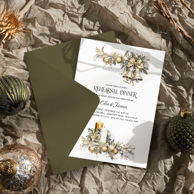 Holly Klockor Golden Winter Wedding Rehearsal Dinn Inbjudningar (Wedding Rehearsal Dinner Invitation from the Holly Bells Wedding Collection by Darling & May)
