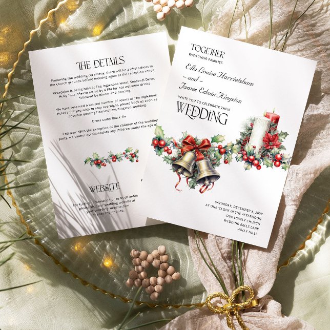 Holly Klockor Red Berries Winter Wedand and Detail Inbjudningar (Wedding Invitation with Details from the Holly Bells Wedding collection by Darling & May)