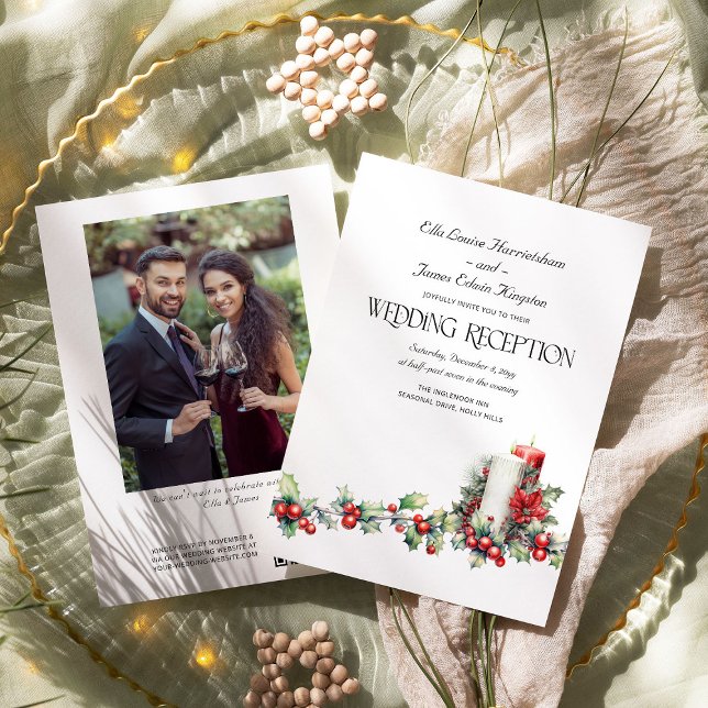 Holly Klockor Red Berries Winter Wedding Reception Inbjudningar (Wedding Reception Invitation from the Holly Bells Wedding collection by Darling & May)
