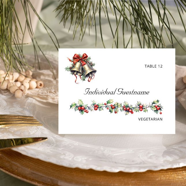 Holly Klockor Winter-bröllopsgäst Namn-platskort Bordsnummer (Guest Name Place Card from the Holly Bells Wedding Collection by Darling and May)
