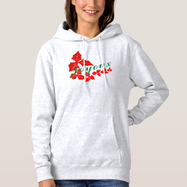Holly Leaf Joyoux Noel Christmas T-Shirt Hoodie (Framsida)