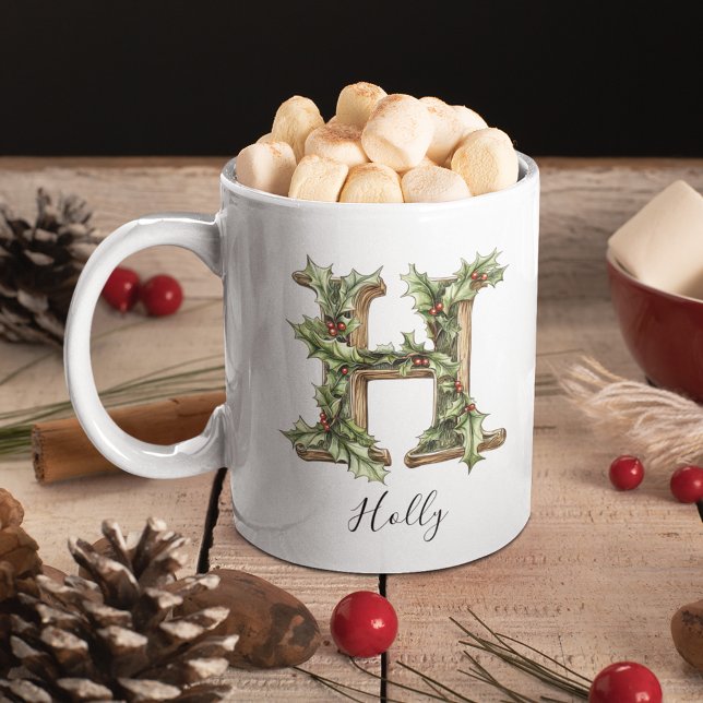 Holly Letter H Personalized Christmas Coffee Mug Kaffemugg (Holly Letter H Personalized Christmas Coffee Mug)
