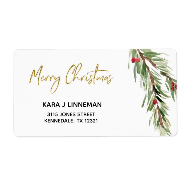 Holly Löv, vattenfärgsblad, helgdag Adress Fraktsedel (Framsidan)