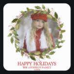 Holly Löv WandeRed-Helgdag | FOTO Fyrkantigt Klistermärke<br><div class="desc">Fina klistermärken för helgdag/gratulationskort med PHOTO. Fintvätt av rött horn med bär och grönt. Vattenfärgad blommigt bouquet med poinsettias blommor. Anpassa genom att lägga till ditt foto och namn,  år. Perfekt att skicka ut till din familj och dina vänner.</div>