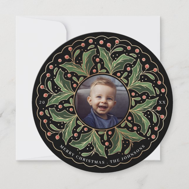 Holly Lövs and Berries Round Photo Julkort (Framsida)