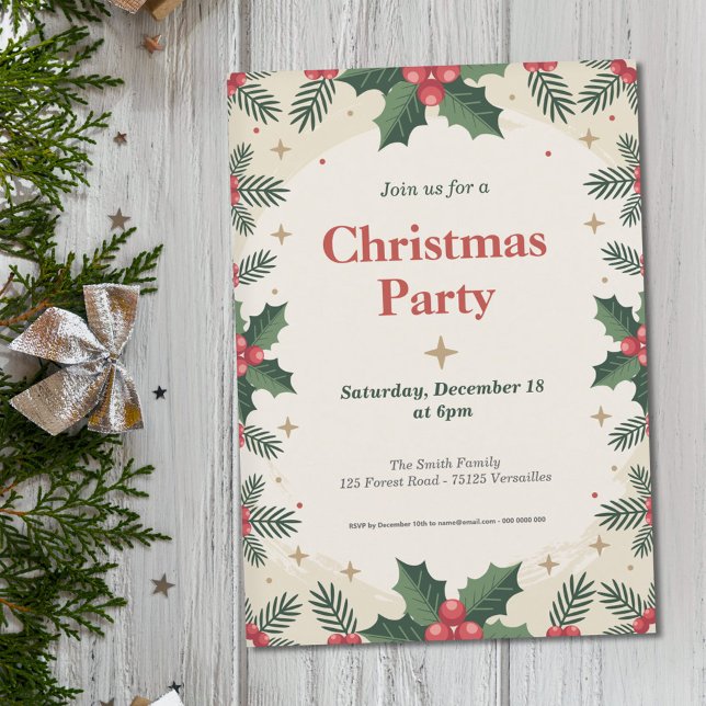 Holly Lövs & Berries - jul Party Inbjudningar (Holly Leaves & Berries - Christmas Party Invitation)