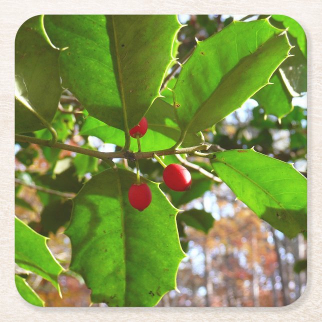 Holly Lövs II Helgdag Nature Botanical Underlägg Papper Kvadrat (Framsidan)