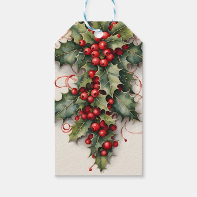 Holly med Vibrant Red Berries jul Presentetikett (Framsidan)
