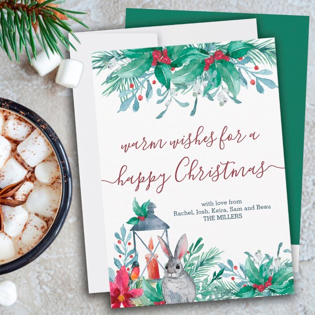 Holly Mistletoe Rabbit och Lantern Lycklig jul Julkort (Skapare uppladdad)