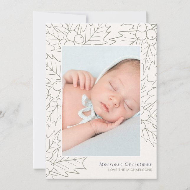 Holly och Berries Cream och Sage Photo jul Julkort (Framsida)